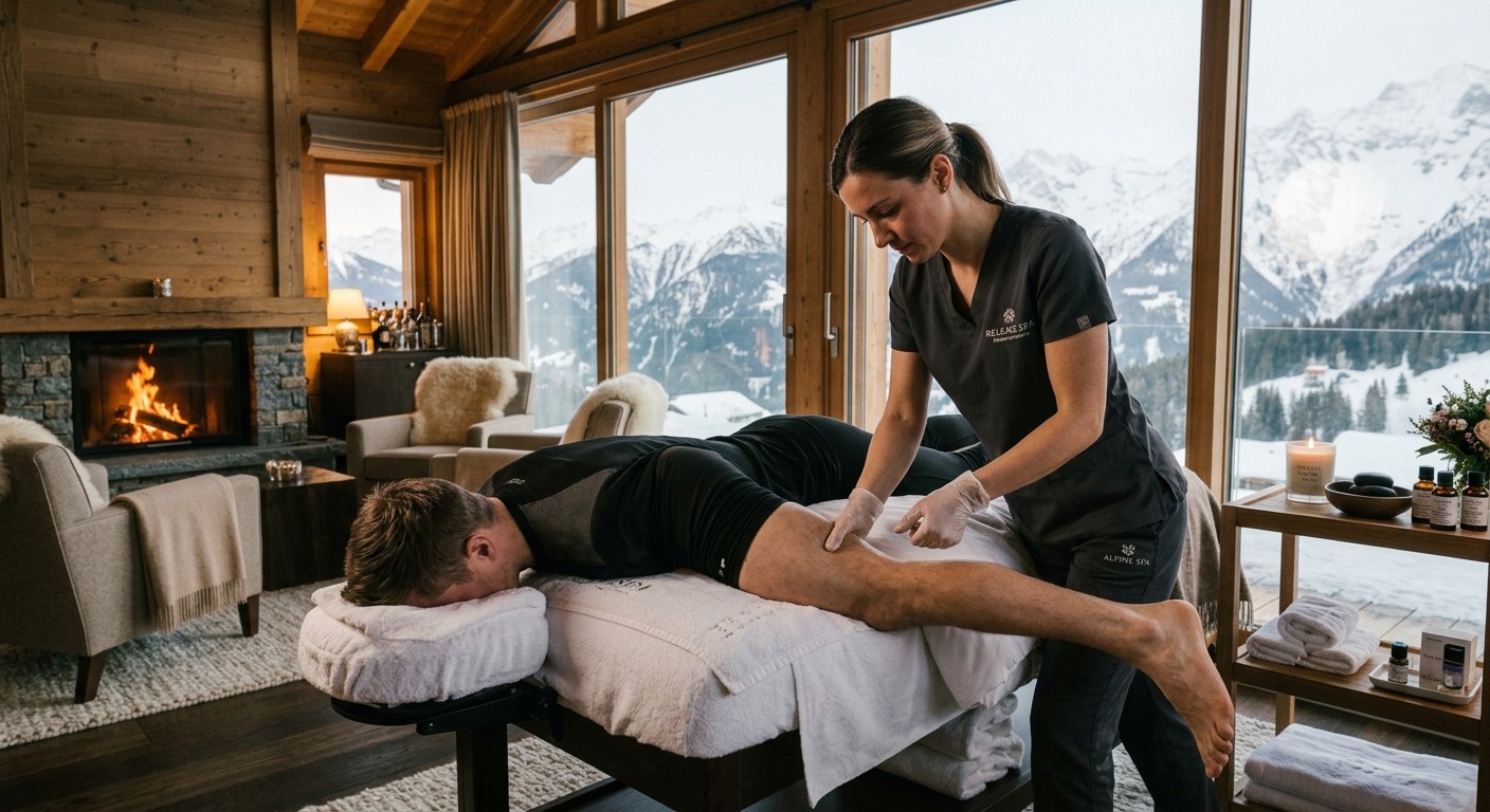 Professional sports masseuse performing a Post-ski recovery massage