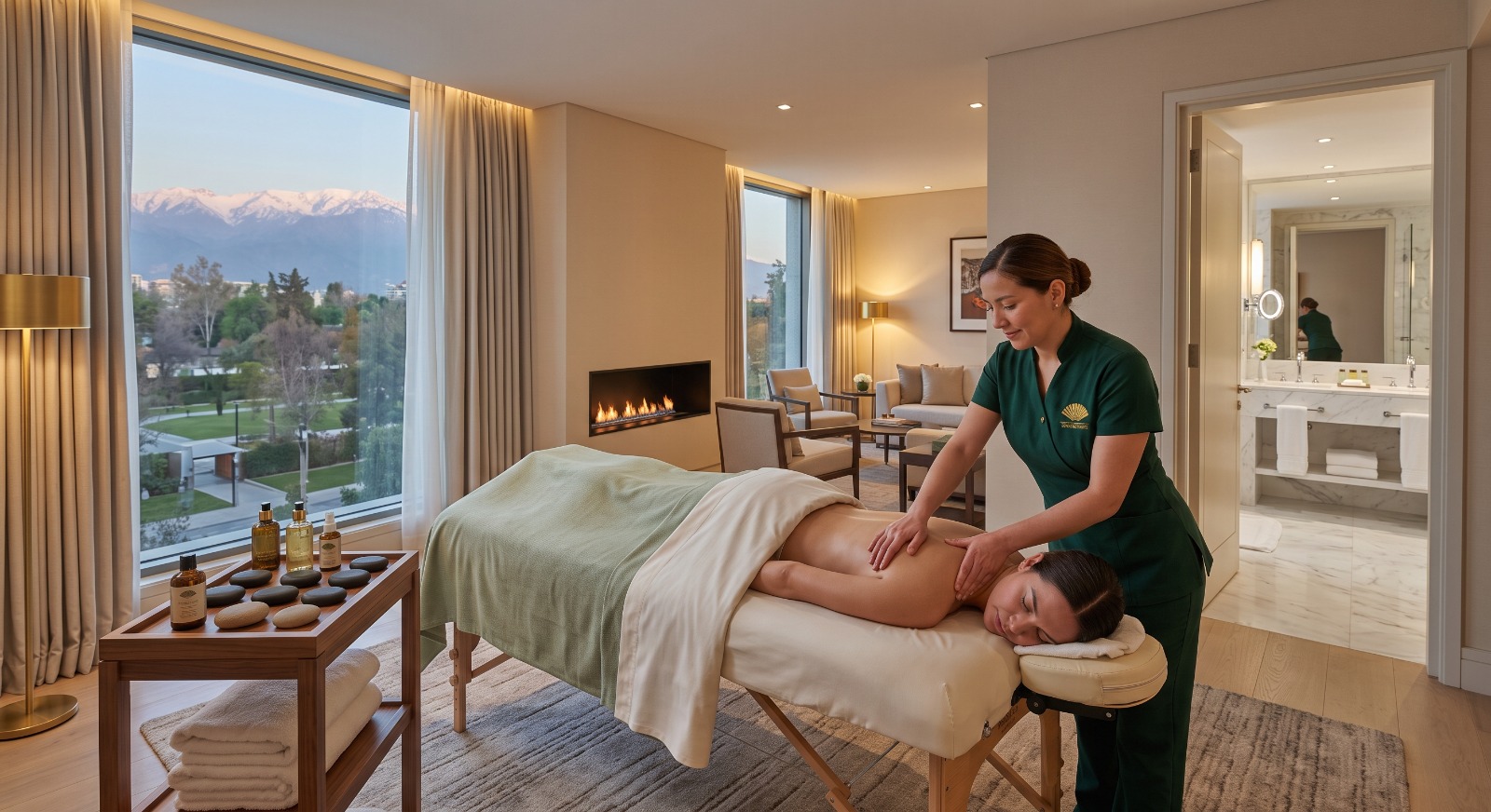 Masseuse Sofía providing professional in-room massage setup at Mandarin Oriental Santiago