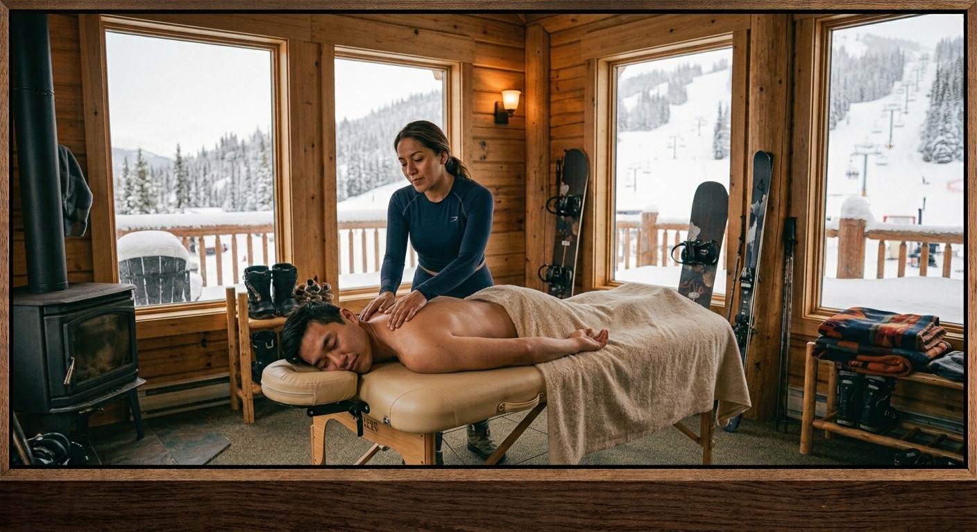 Snowboarder receiving a professional sports recovery massage in Santiago Chile