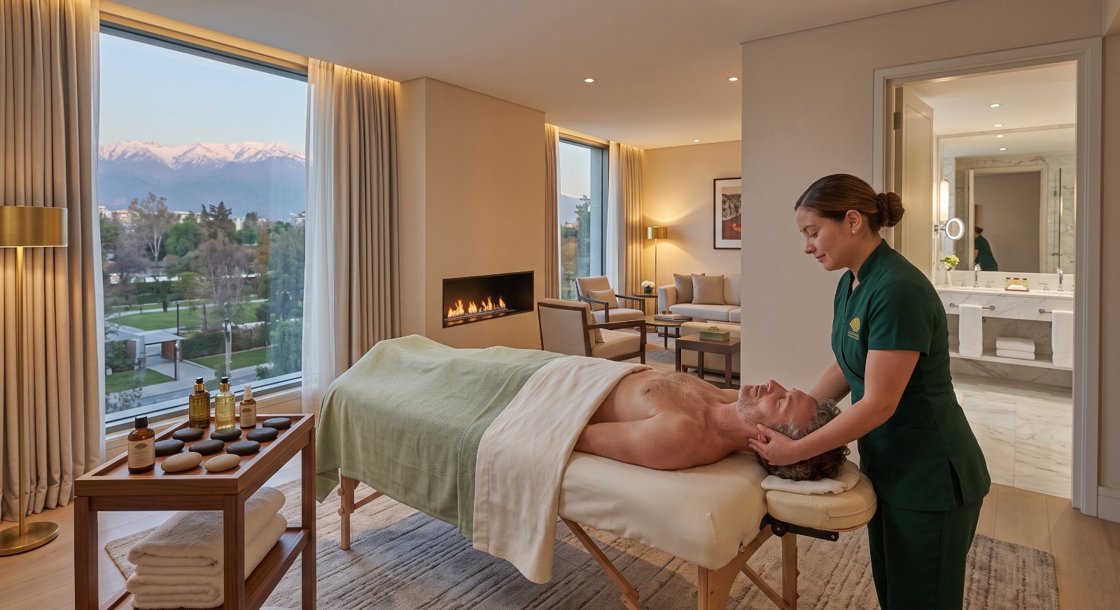 Sofía performing in-room massage therapy at Mandarin Oriental Hotel Las Condes